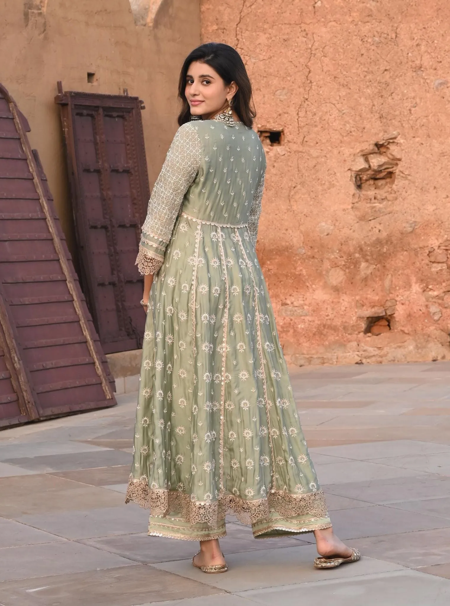 Mulmul Organza Satin Navrai Sage Green Anarkali Kurta with Mulmul Modal Satin Navrai Sage Green Pant