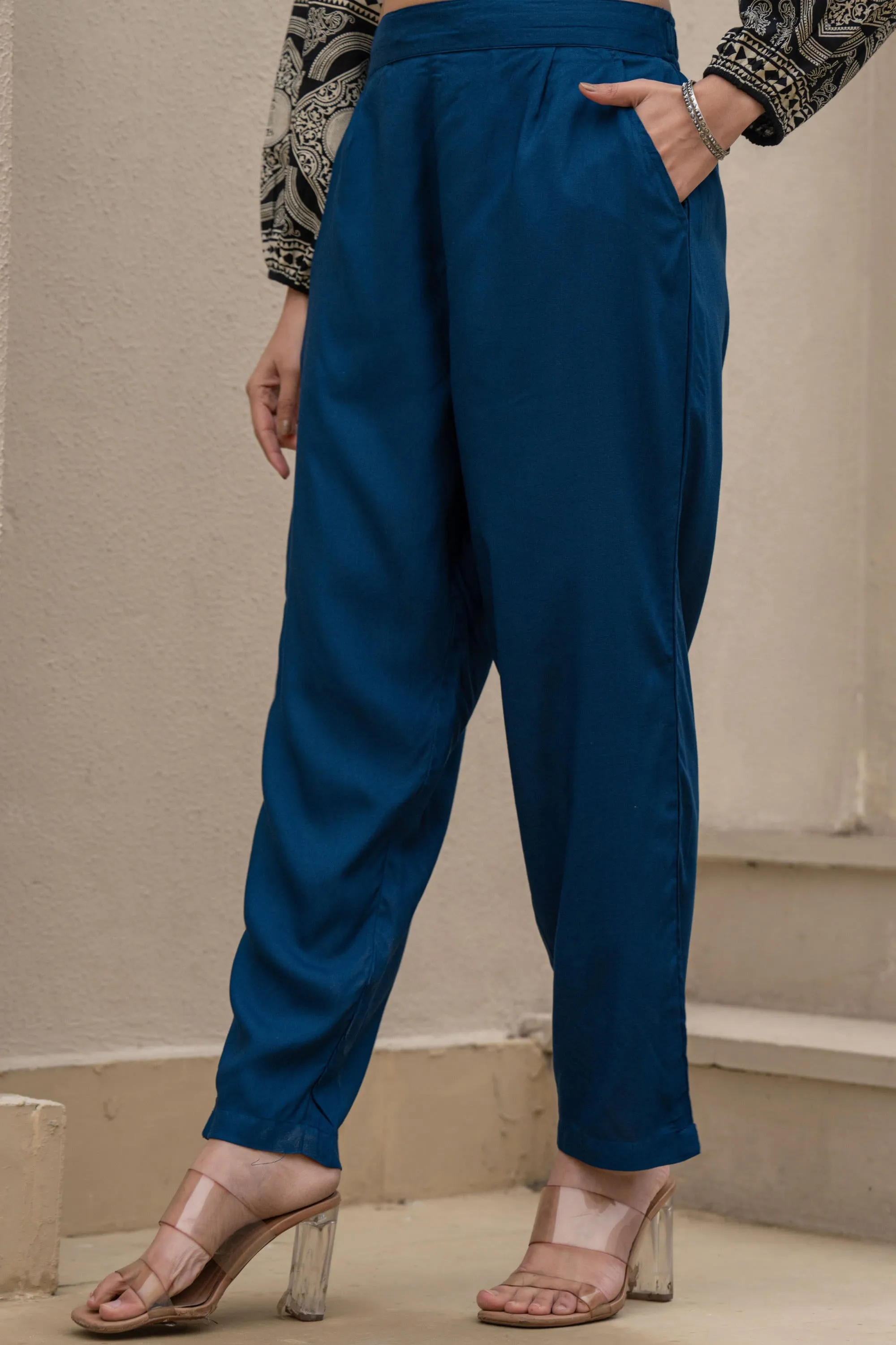Navy Solid Viscose Pants