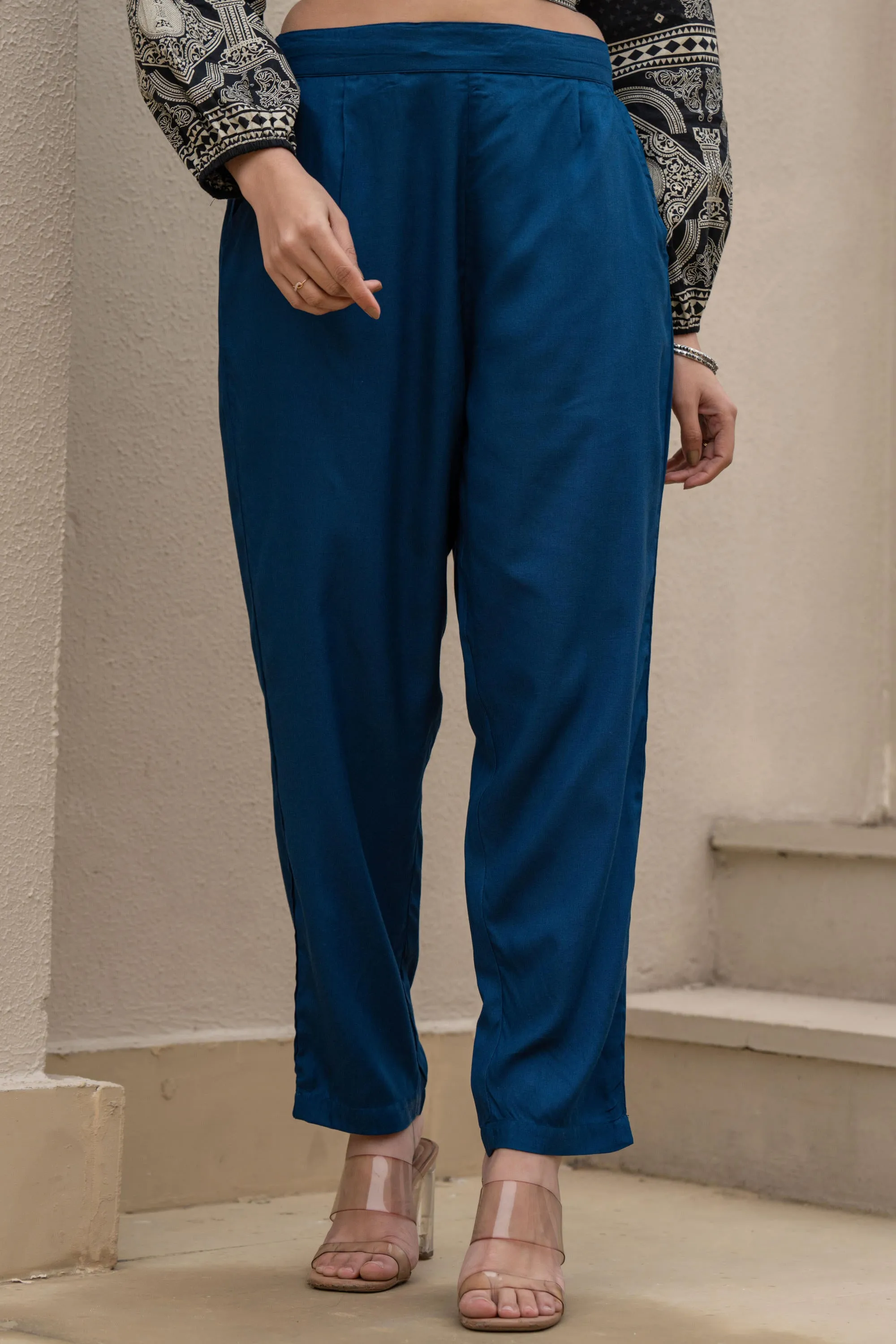 Navy Solid Viscose Pants
