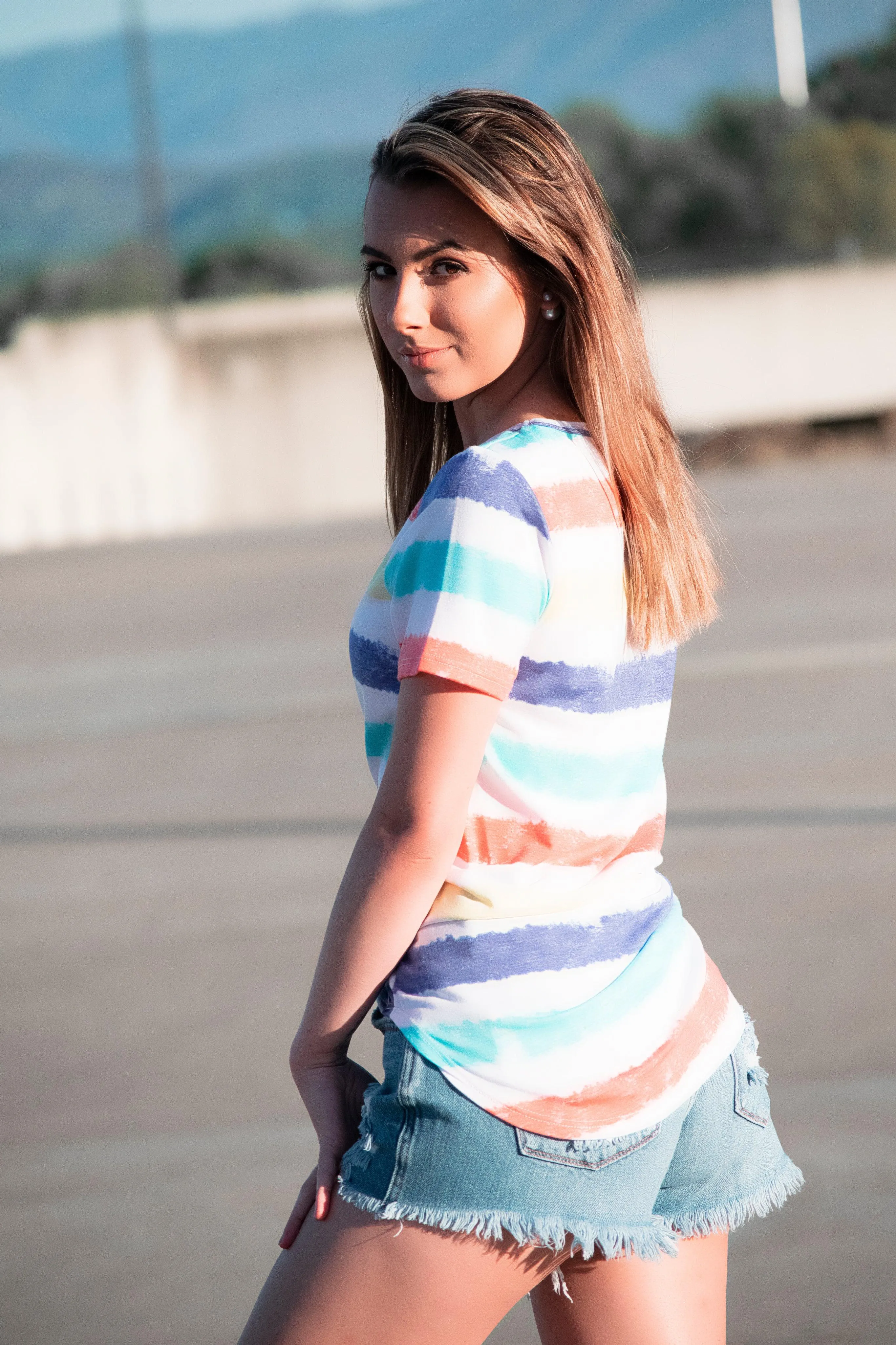 Navy/Coral Striped Tee