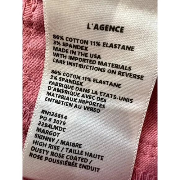 New L'Agence Size 27 Margot Skinny High Rise Stretch Dusty Rose Coated Jeans