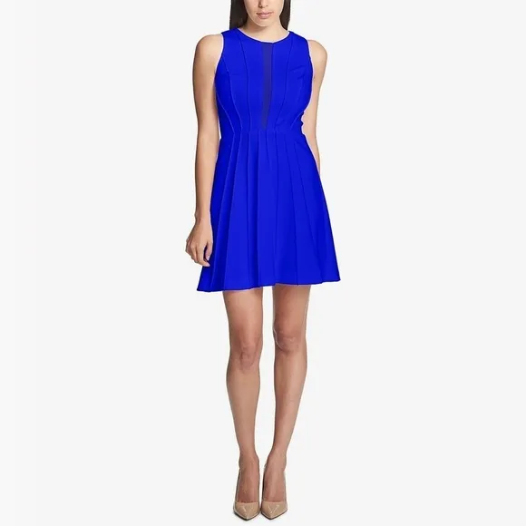 NWT guess size 0  Royal Blue Mesh V Sleeveless Short Fit N Flare Dress