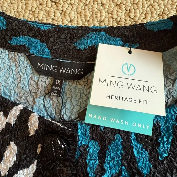NWT Ming Wang Crinkle Jacket Cardigan Size 1X Lightweight Button Animal Blue