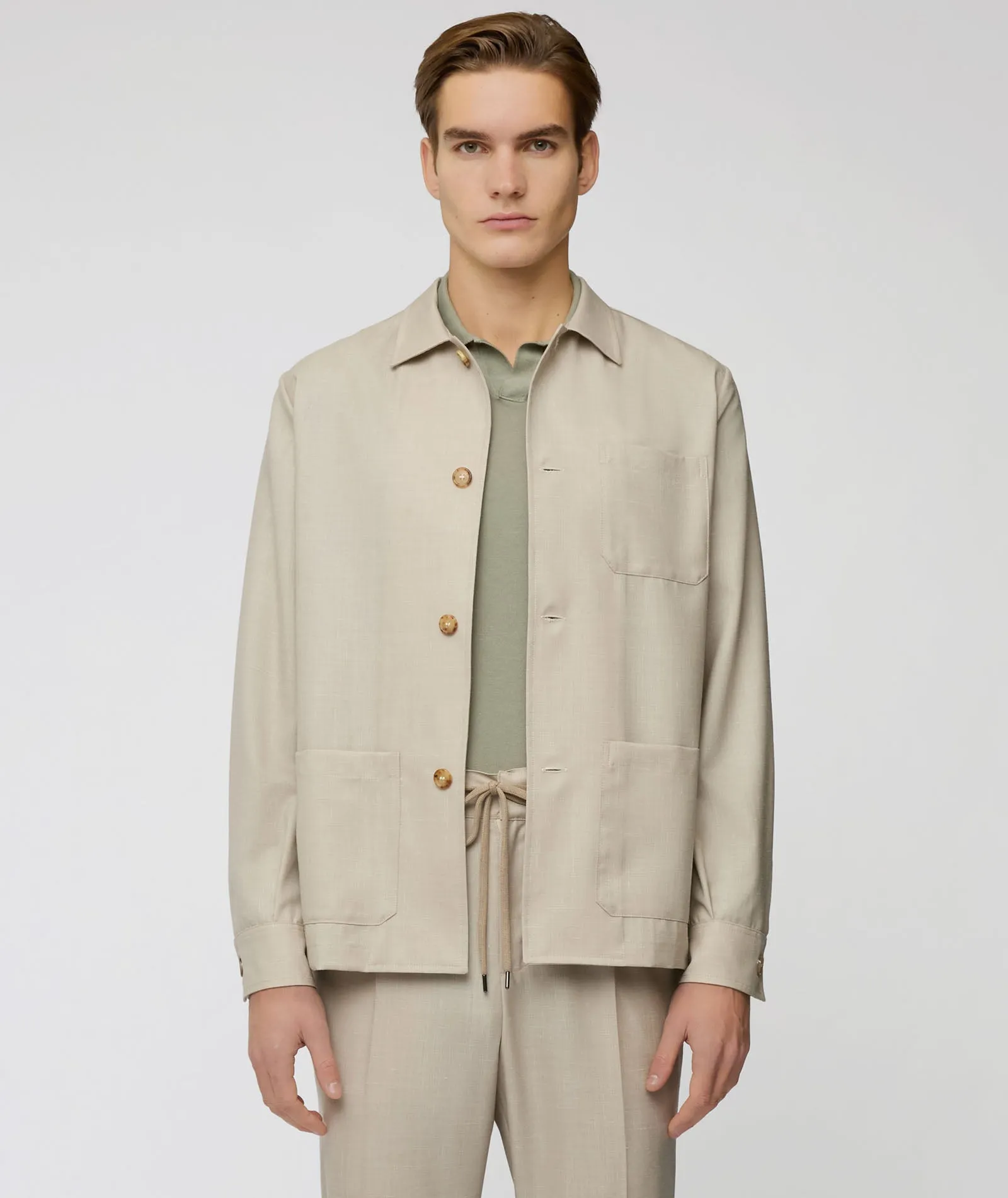 Overshirt in beige wool-silk-linen blend with slub effect
