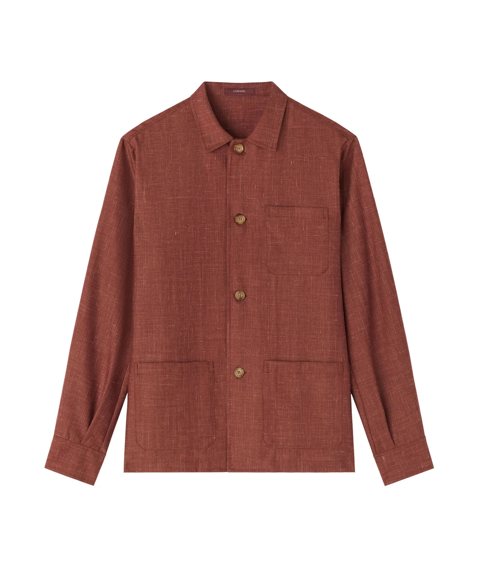 Overshirt in brick-coloured wool-silk-linen blend with slub effect