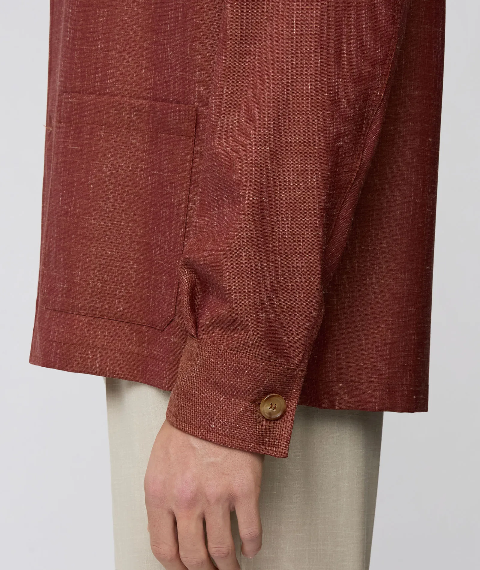 Overshirt in brick-coloured wool-silk-linen blend with slub effect