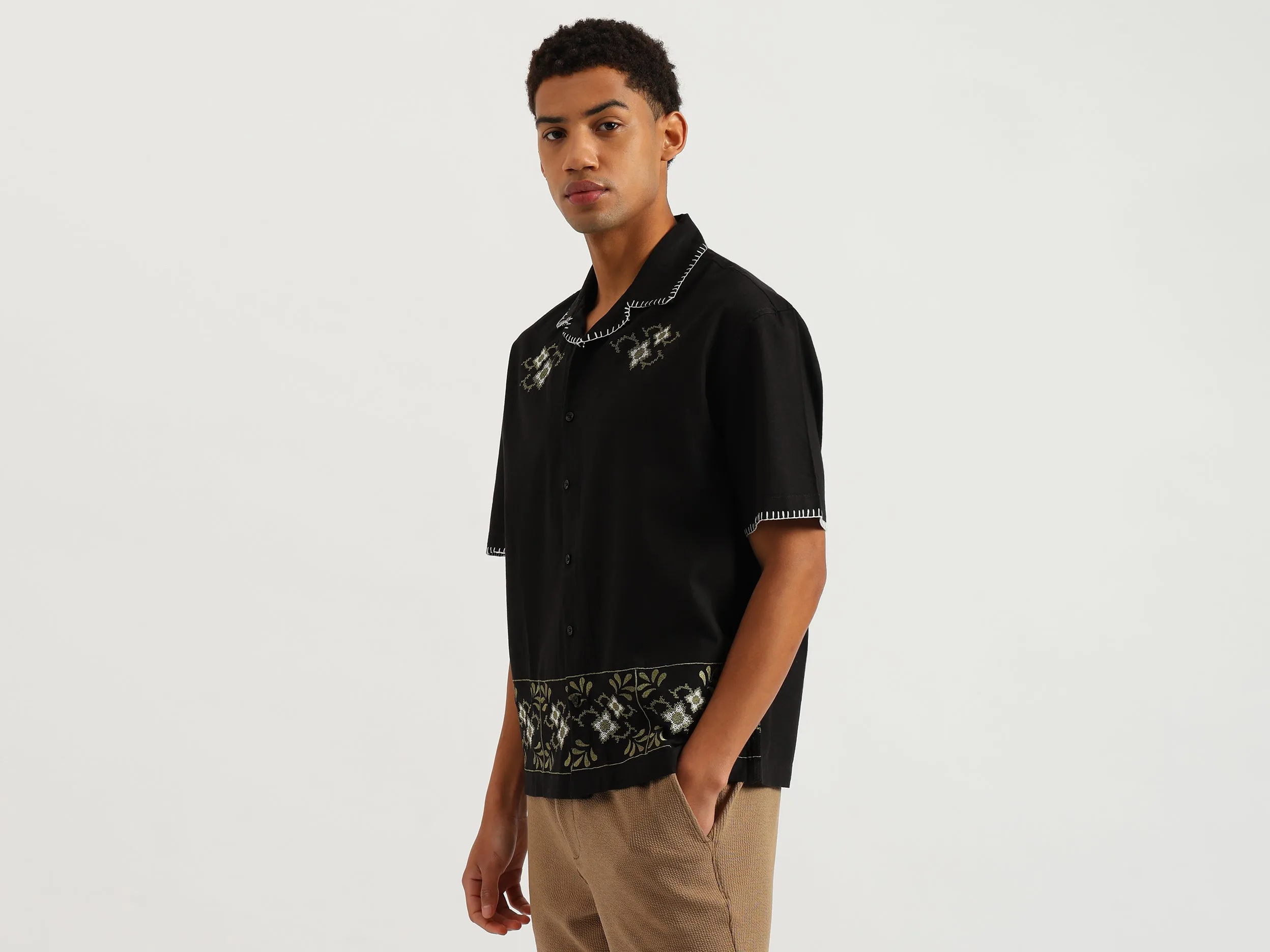 Oversized Fit Resort Collar Embroidered Shirt