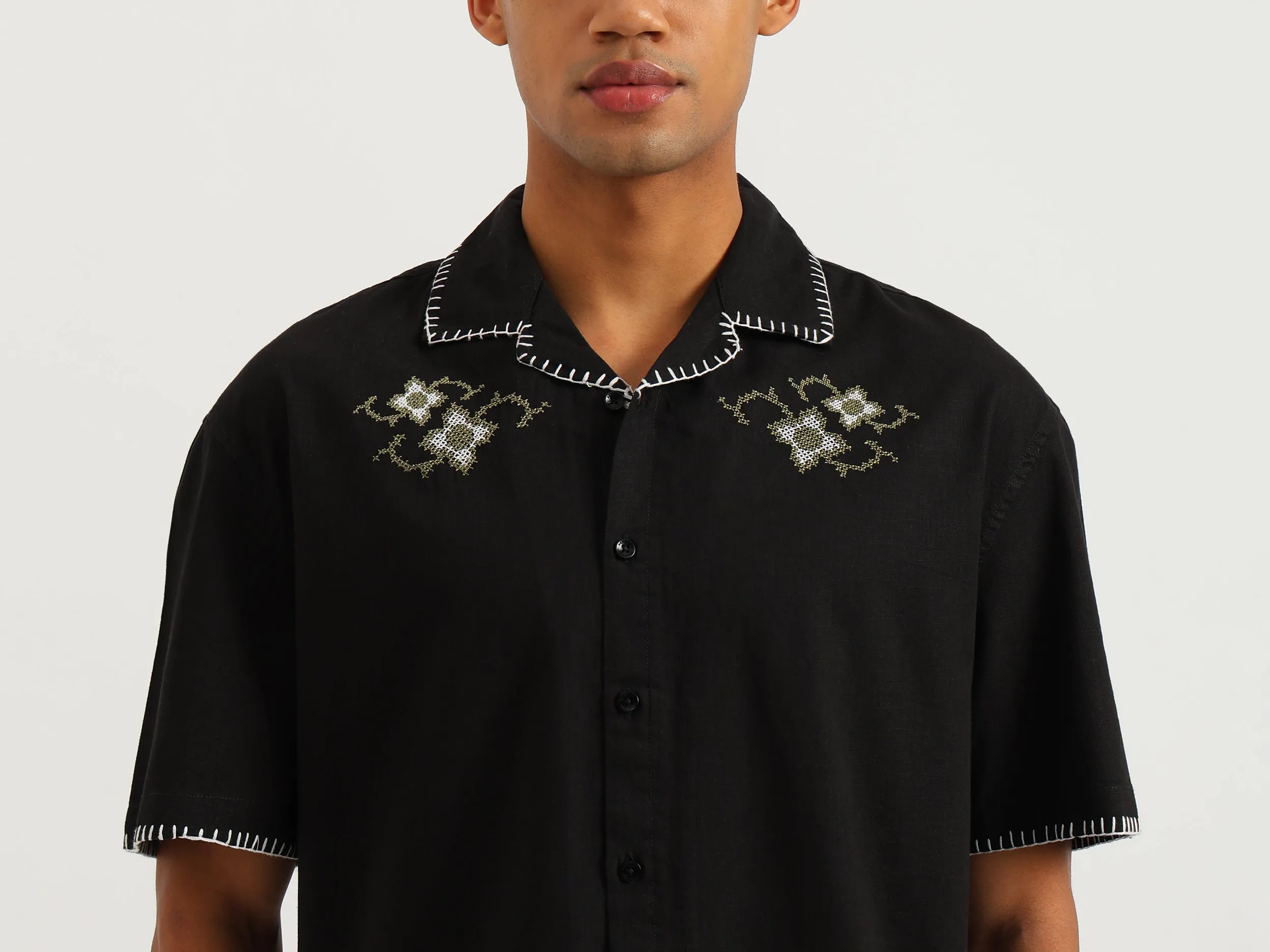 Oversized Fit Resort Collar Embroidered Shirt