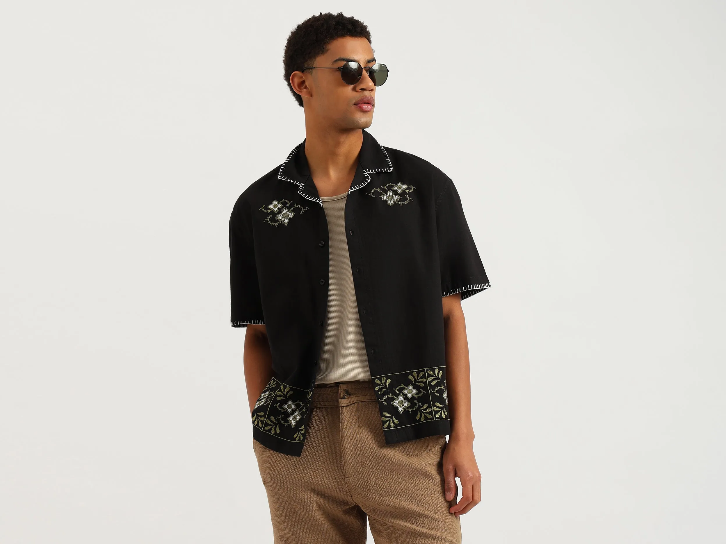 Oversized Fit Resort Collar Embroidered Shirt