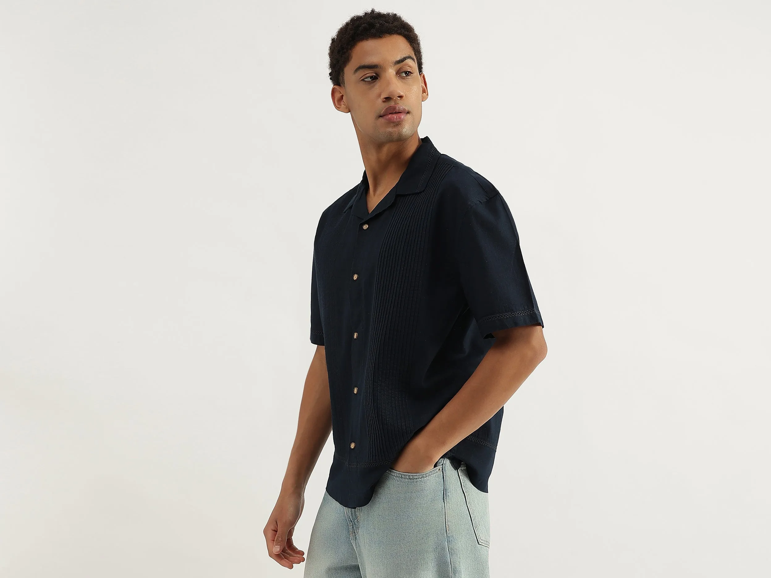 Oversized Fit Resort Collar Pintuck Shirt