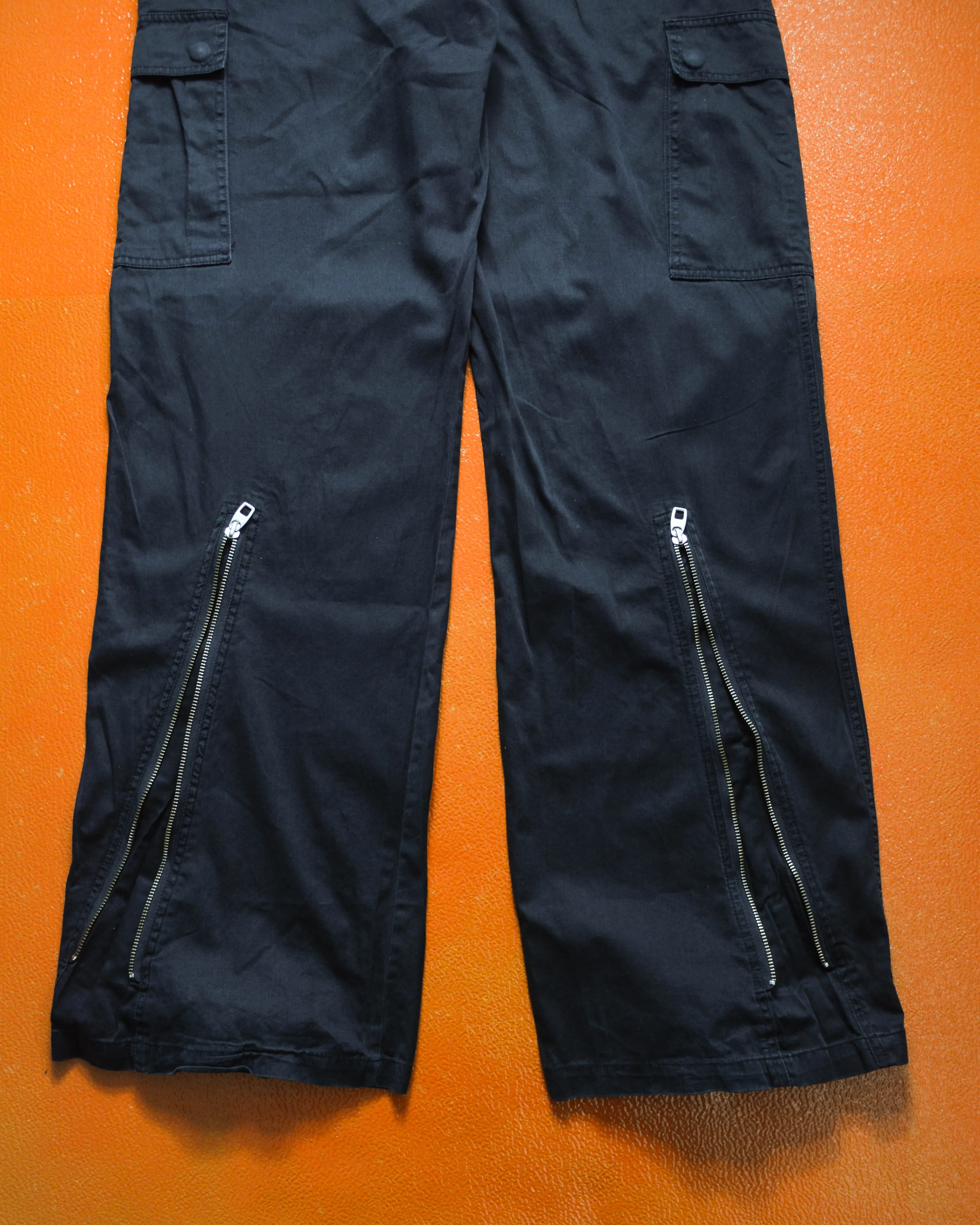 Panelled Zip Hem Gusset Wide Washed Navy Cargo Pants (34~36)