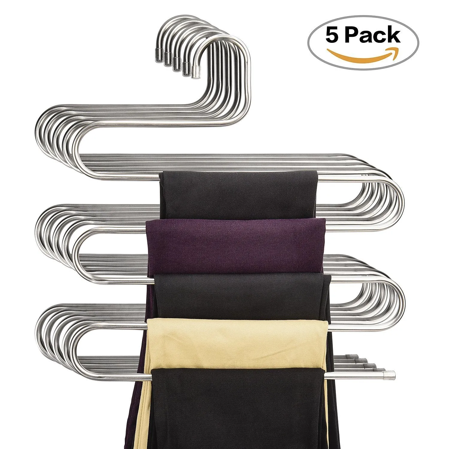 Pants Hangers DEXING S-type Multi-Purpose Stainless Steel Magic Space Saving Hangers Clothes Organizer for Trousers Towels Ties and Scarfs (5 Pcs)