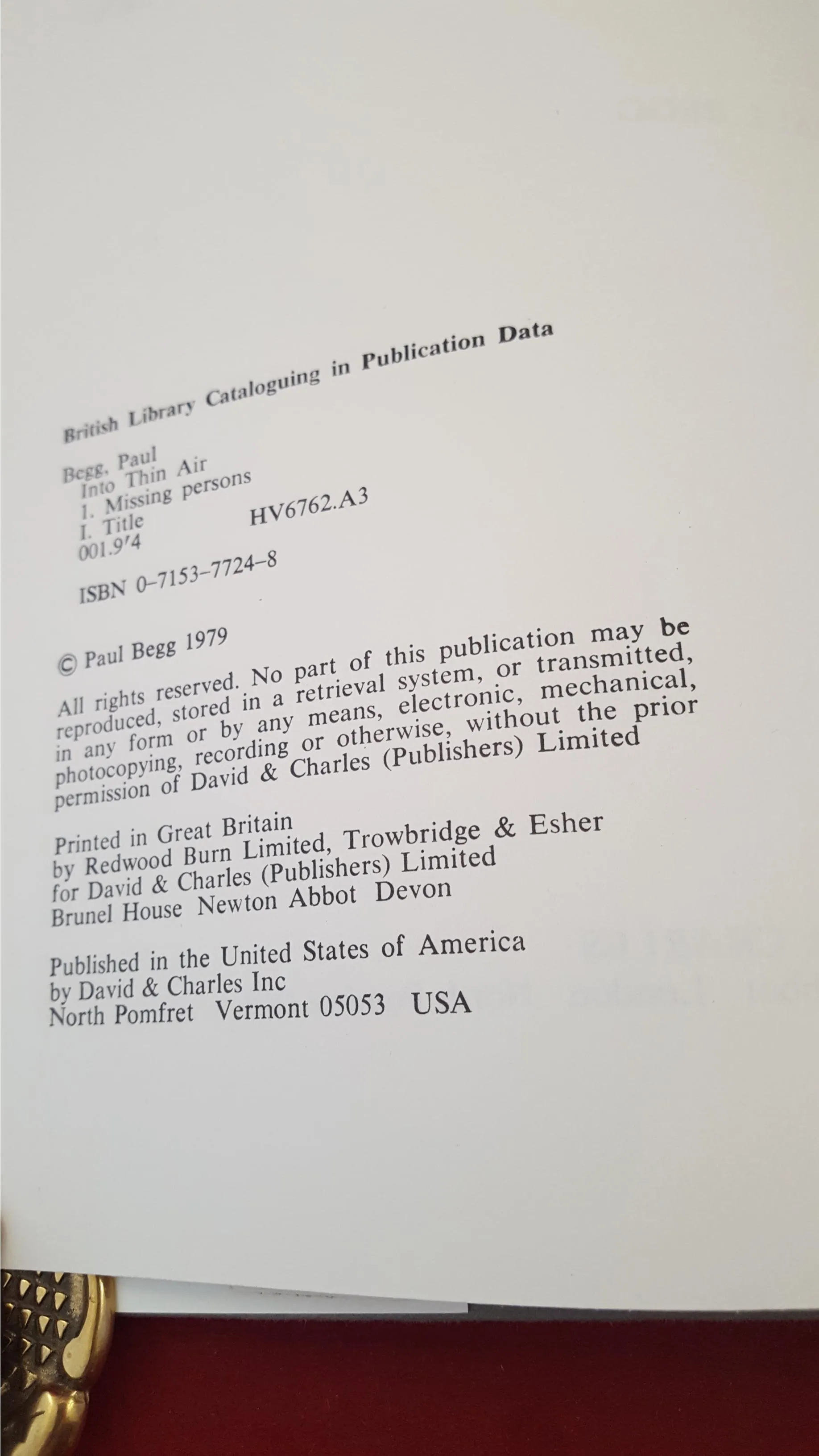 Paul Begg - Into Thin Air, People Who Disappear, David & Charles, 1979, First Edition