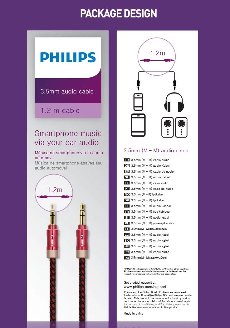 PHILIPS Audio AUX cable 3.5mm male to 3.5mm male 1.2m SWA6234B