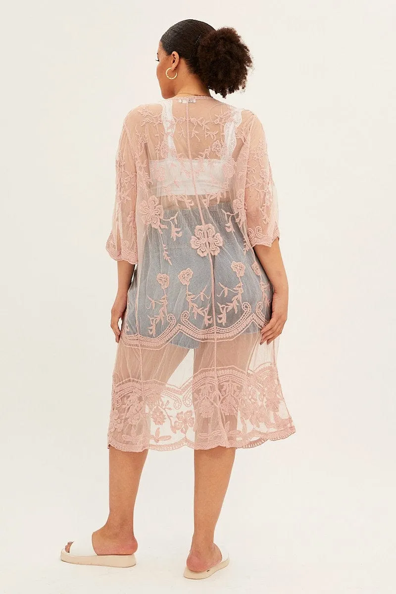 Pink Mesh Kimono Short Sleeve Embroidered