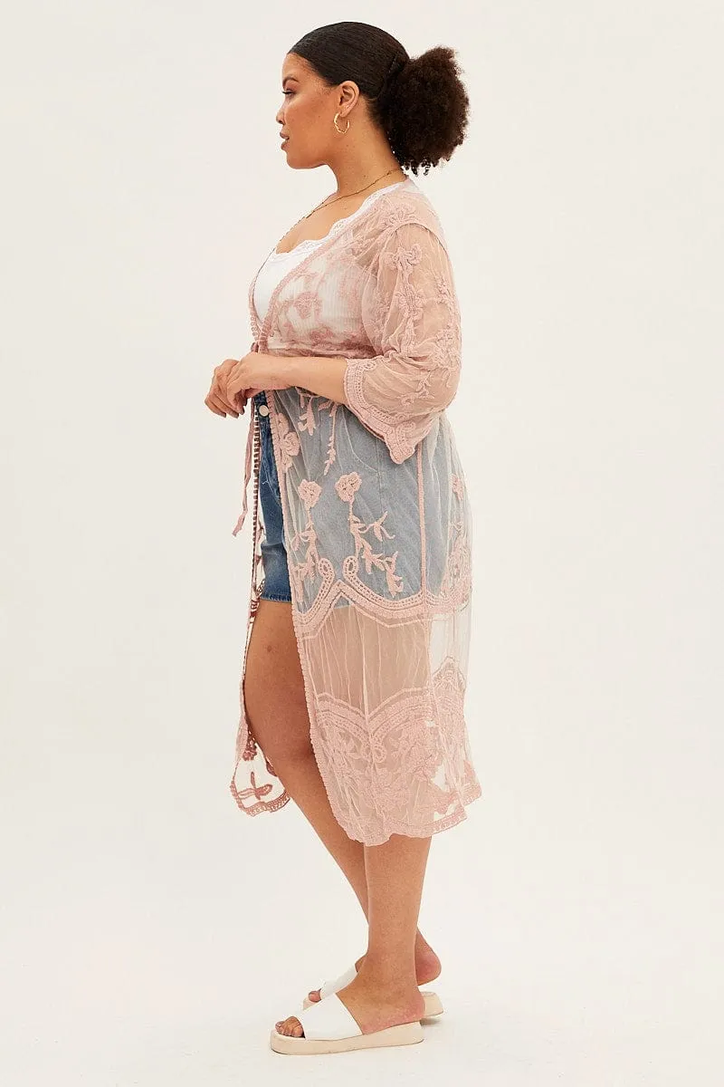 Pink Mesh Kimono Short Sleeve Embroidered