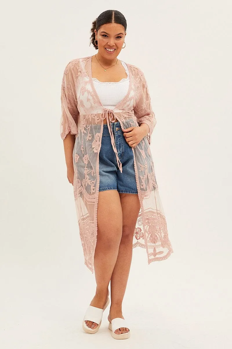 Pink Mesh Kimono Short Sleeve Embroidered