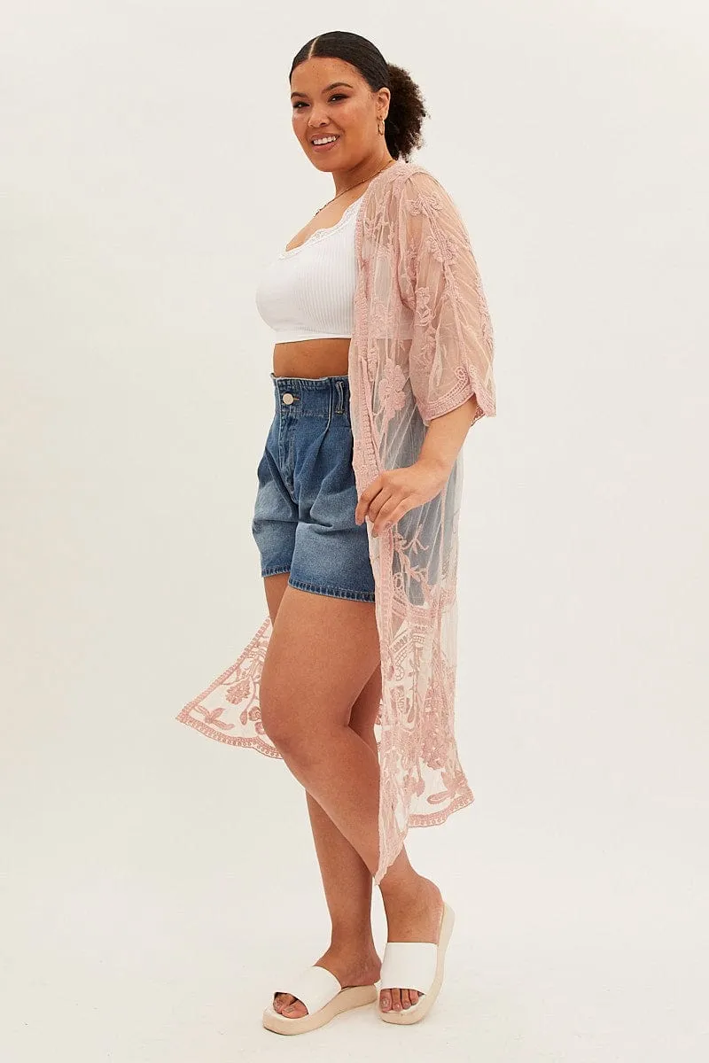 Pink Mesh Kimono Short Sleeve Embroidered
