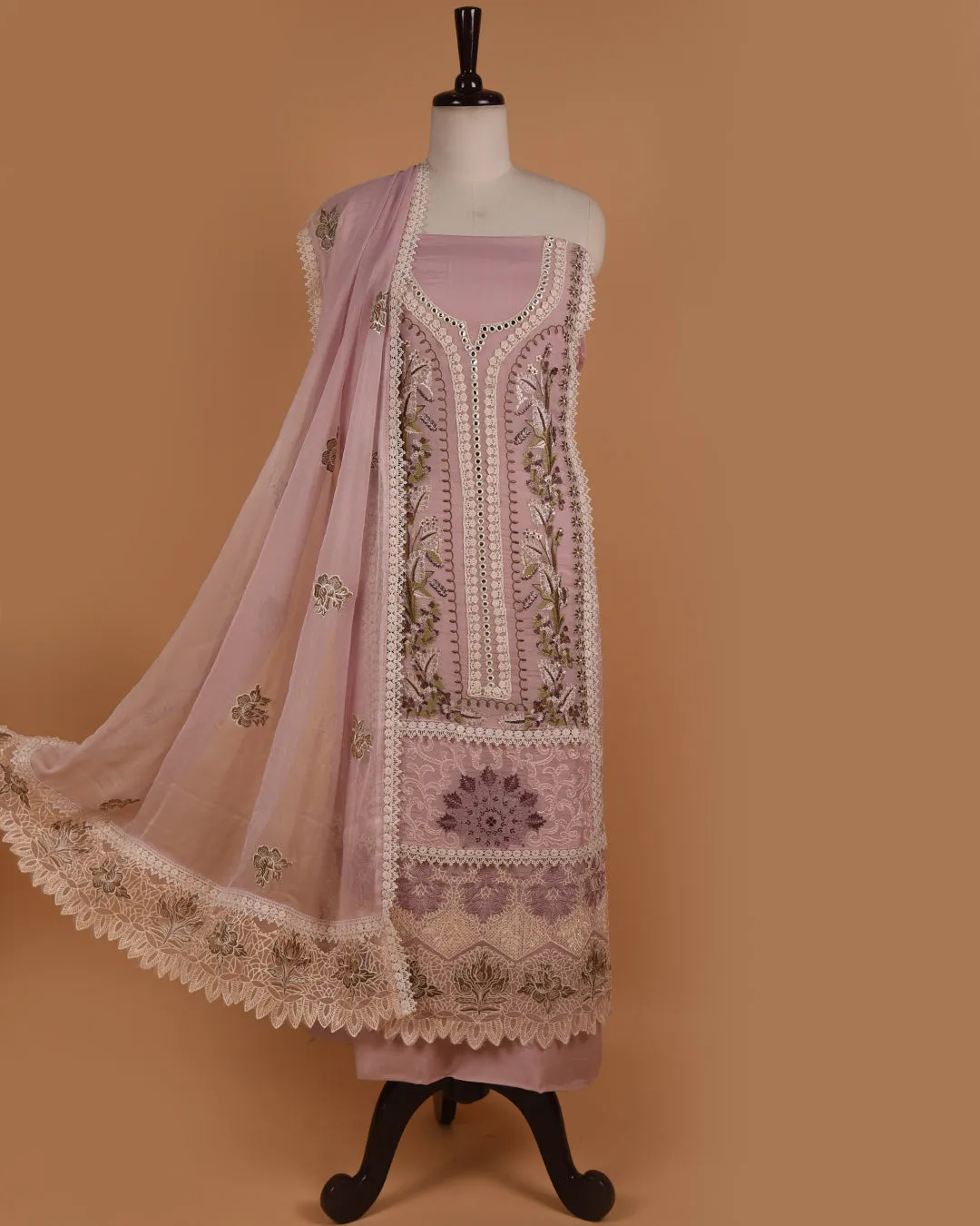 Pink Organza Blend Embroidered Unstitched Suit Fabric Set Chiffon Blend Dupatta