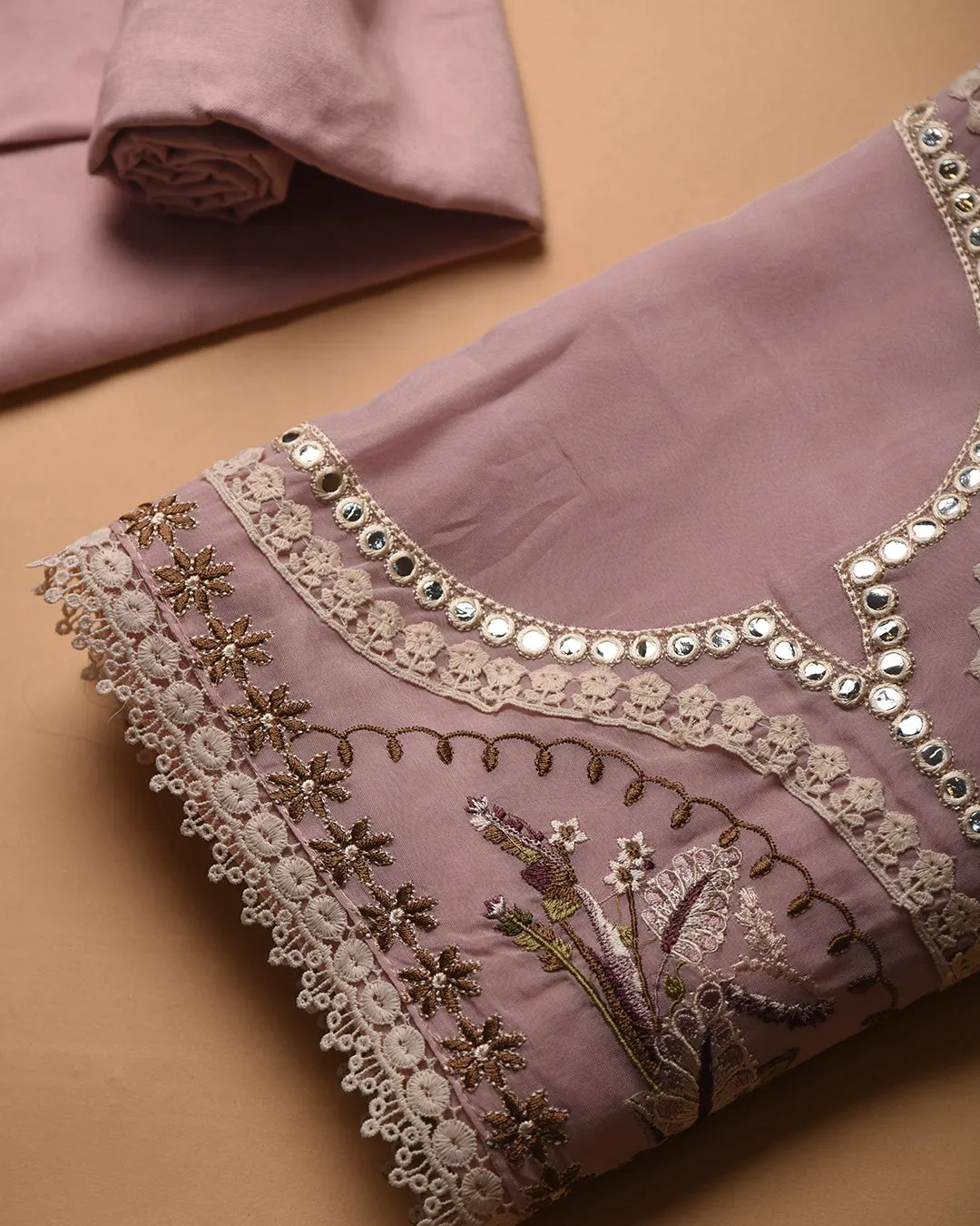 Pink Organza Blend Embroidered Unstitched Suit Fabric Set Chiffon Blend Dupatta