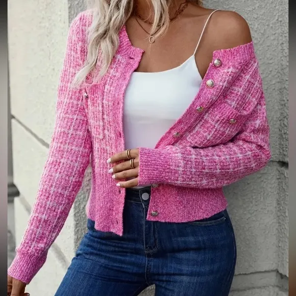 PLAID BUTTON FRONT CARDIGAN PINK