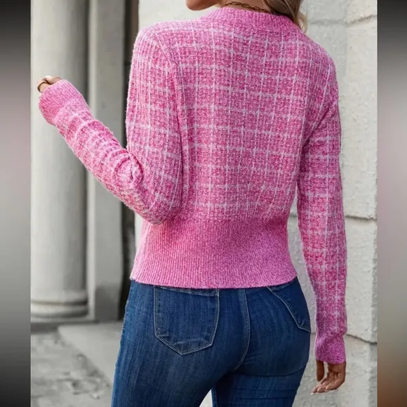 PLAID BUTTON FRONT CARDIGAN PINK