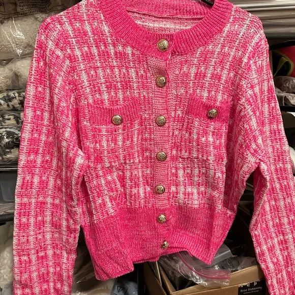 PLAID BUTTON FRONT CARDIGAN PINK
