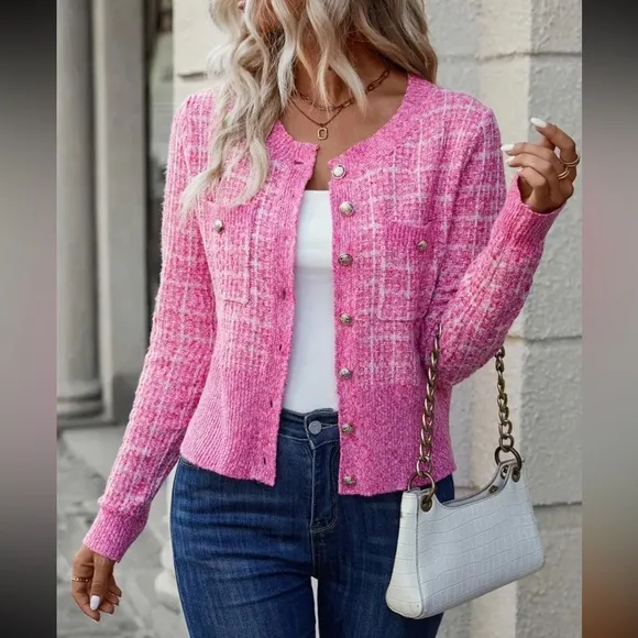 PLAID BUTTON FRONT CARDIGAN PINK