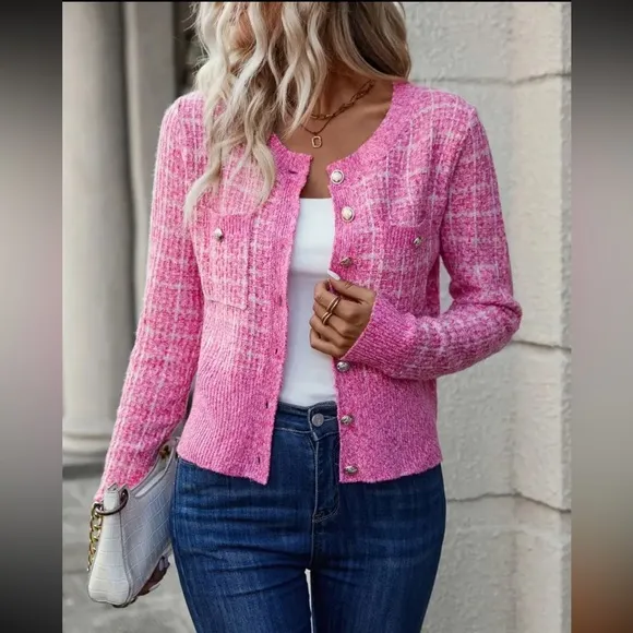 PLAID BUTTON FRONT CARDIGAN PINK