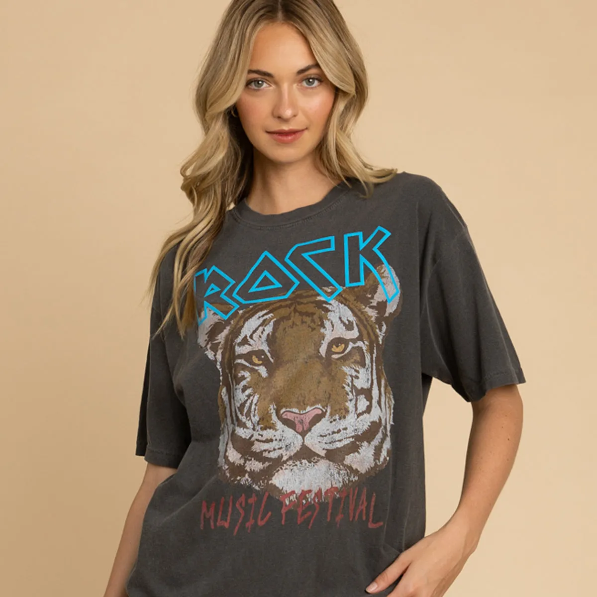 Puff Print Rock Tiger Vintage T-Shirt