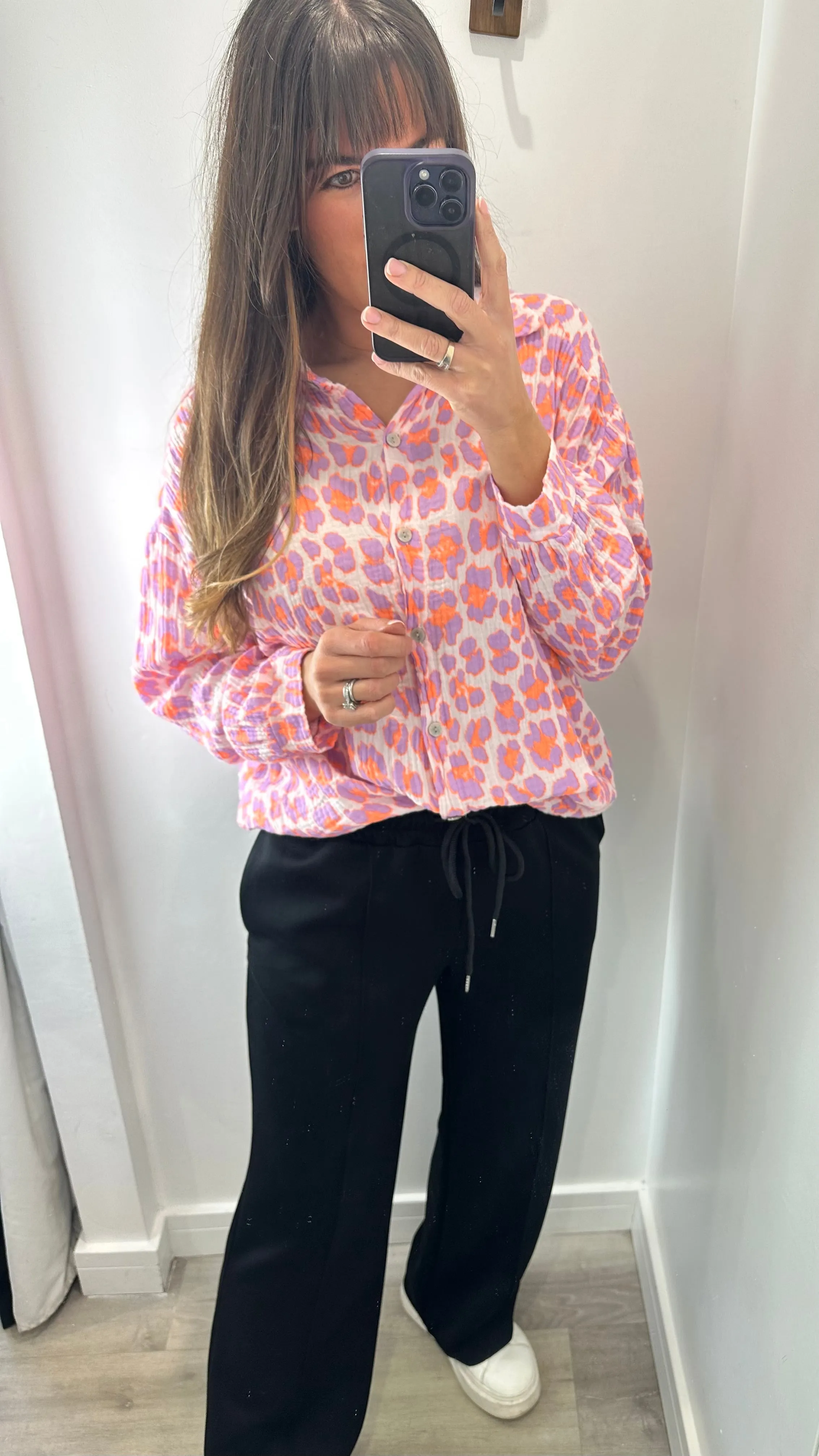 PURPLE AND ORANGE NEON LEOPARD CHESSECLOTH SHIRT