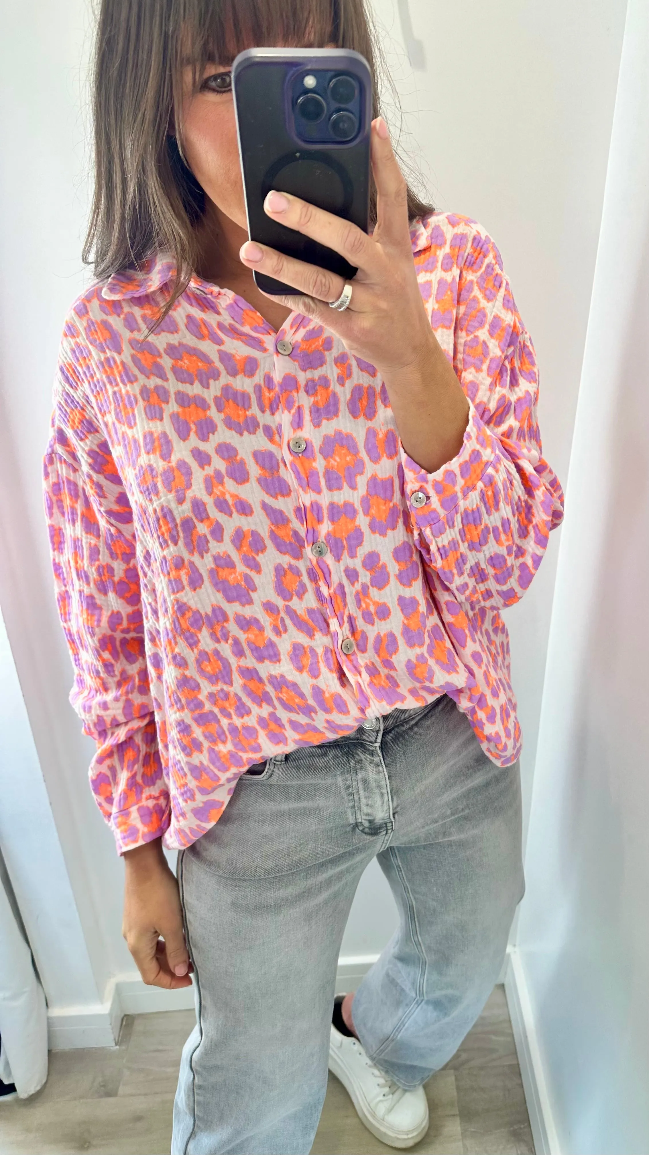 PURPLE AND ORANGE NEON LEOPARD CHESSECLOTH SHIRT