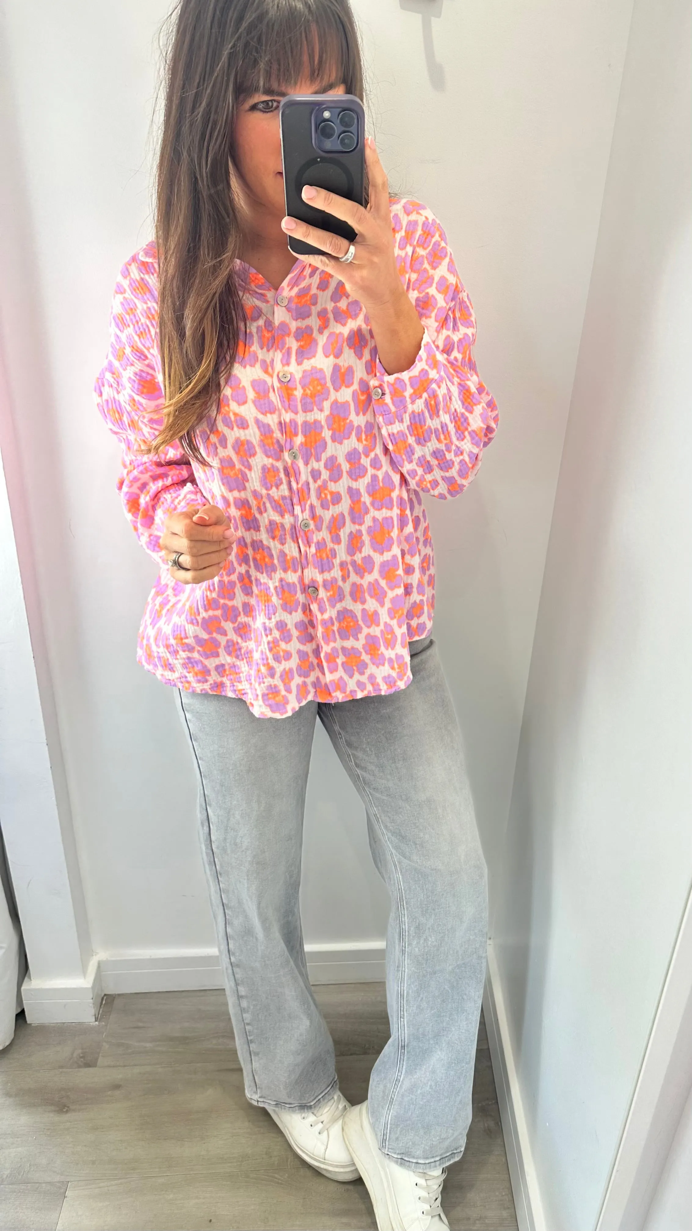 PURPLE AND ORANGE NEON LEOPARD CHESSECLOTH SHIRT