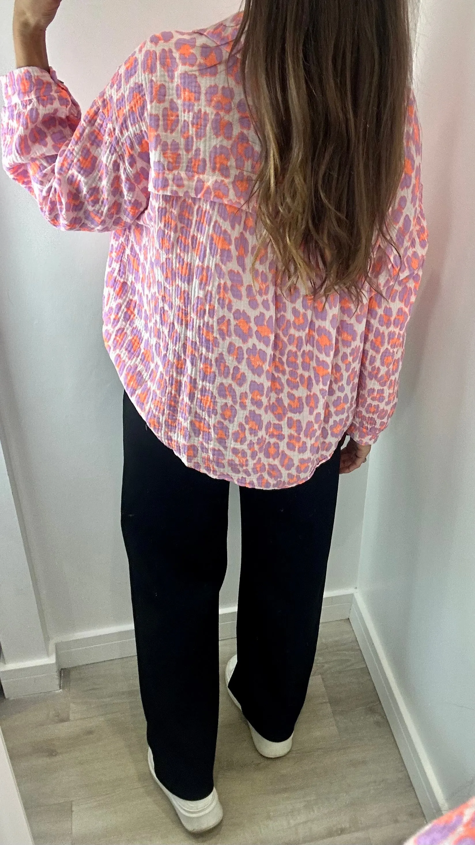 PURPLE AND ORANGE NEON LEOPARD CHESSECLOTH SHIRT