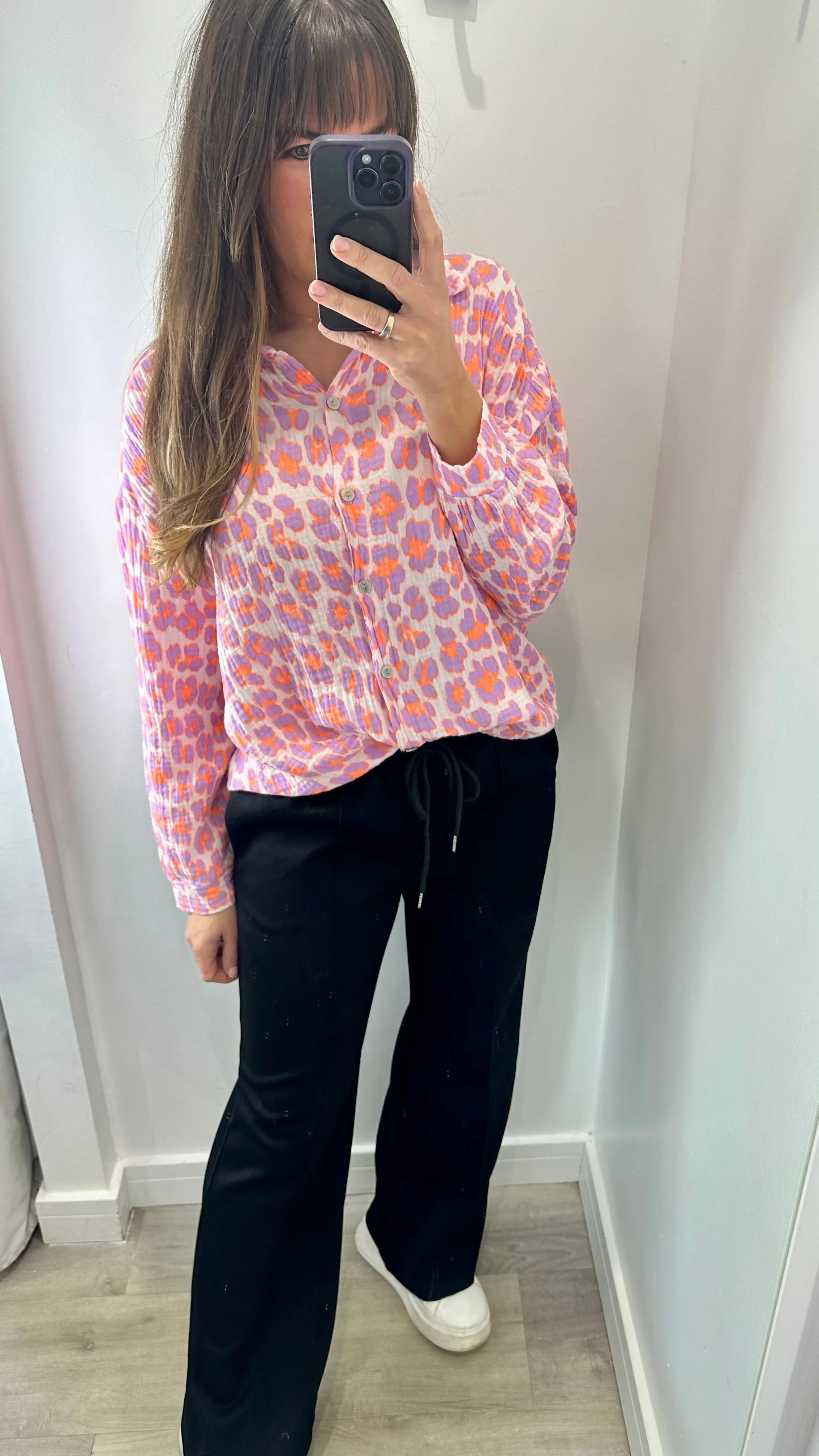 PURPLE AND ORANGE NEON LEOPARD CHESSECLOTH SHIRT