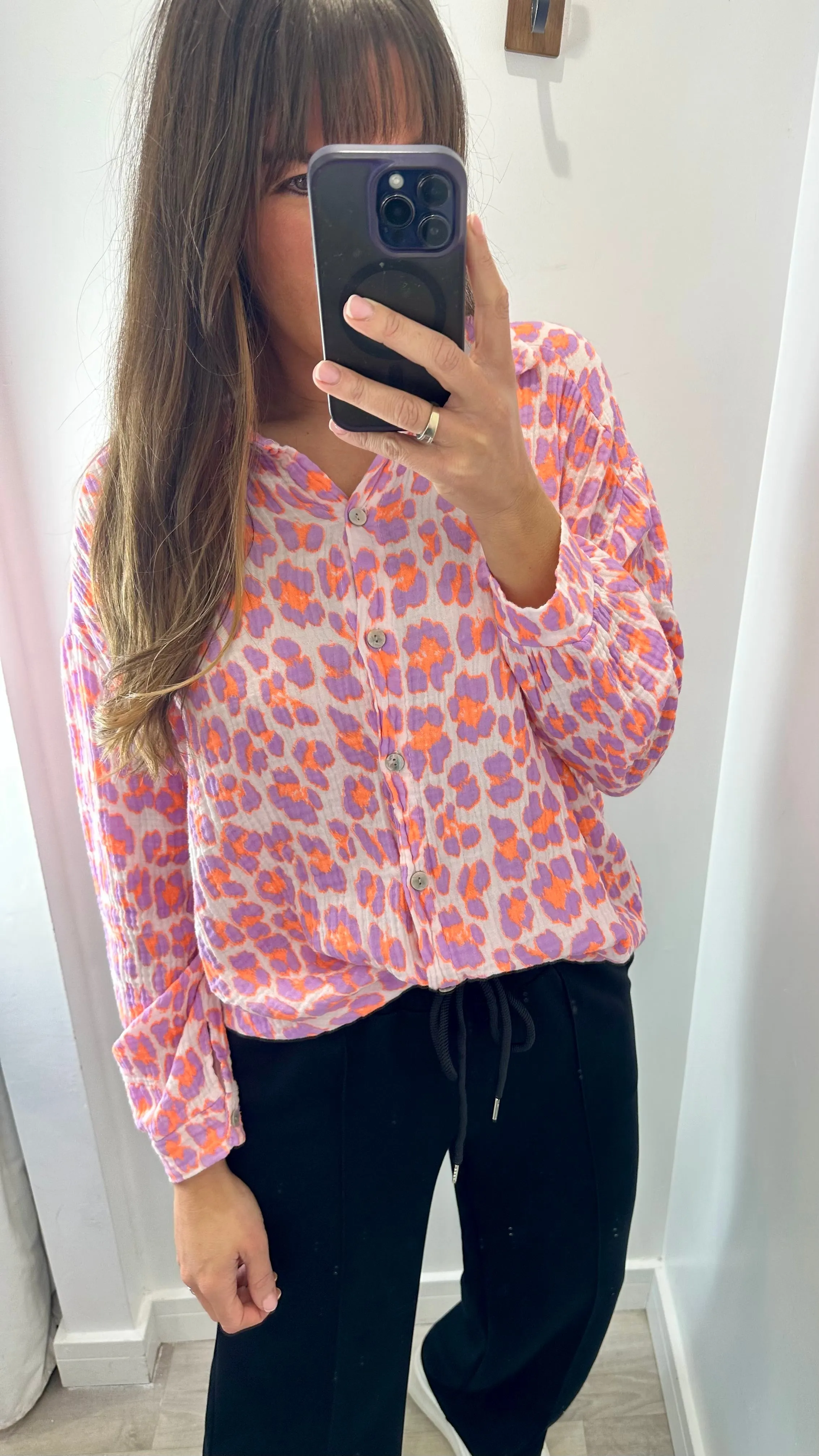 PURPLE AND ORANGE NEON LEOPARD CHESSECLOTH SHIRT