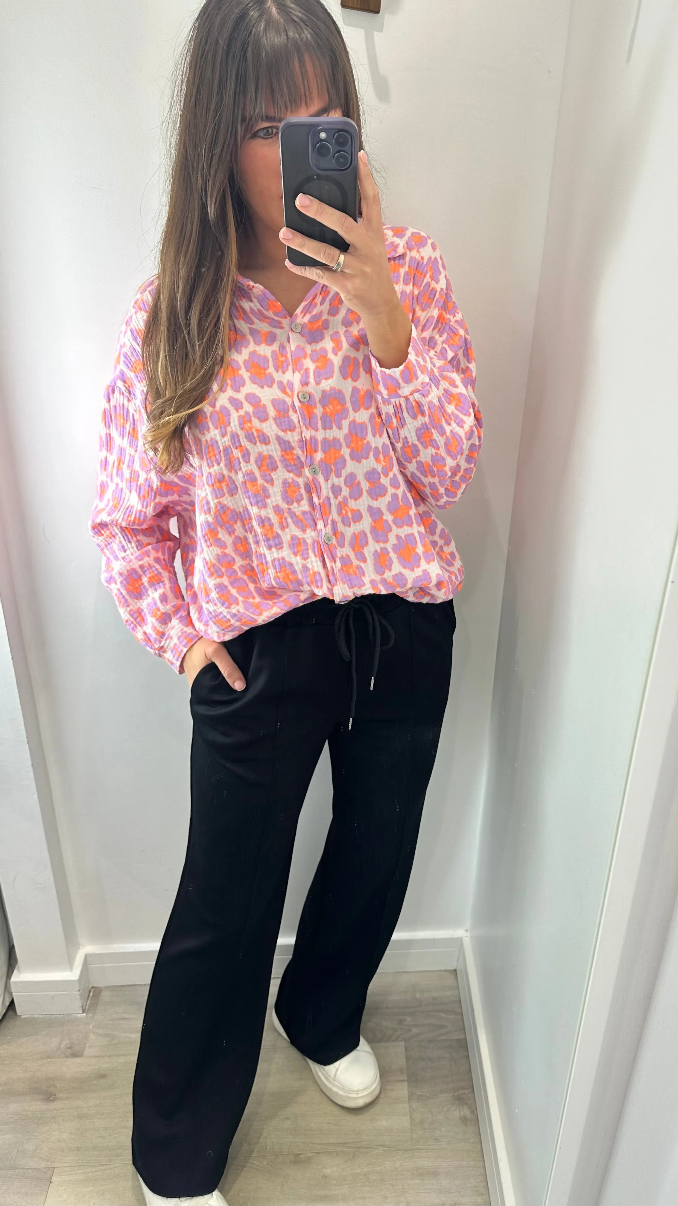 PURPLE AND ORANGE NEON LEOPARD CHESSECLOTH SHIRT