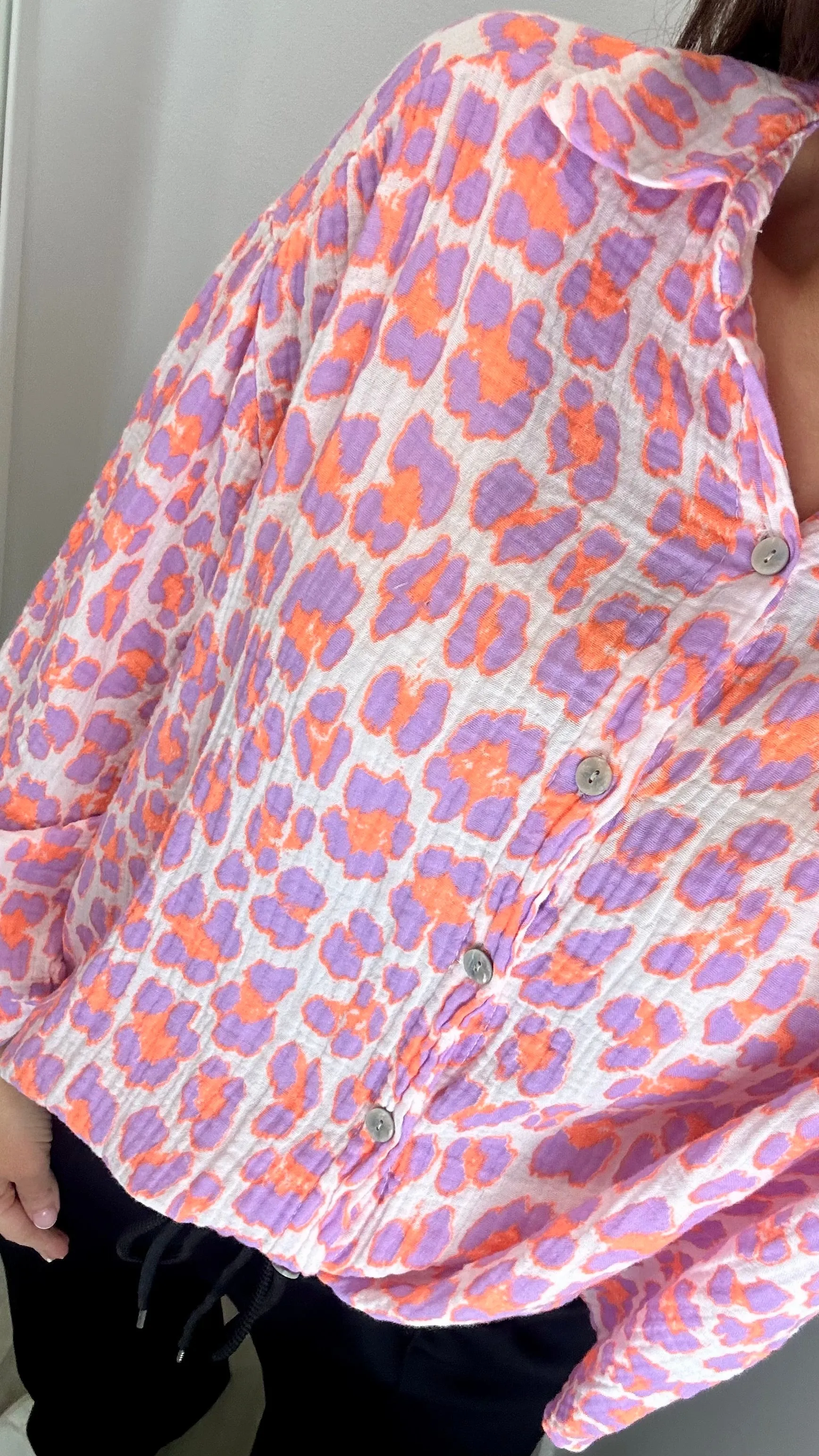 PURPLE AND ORANGE NEON LEOPARD CHESSECLOTH SHIRT
