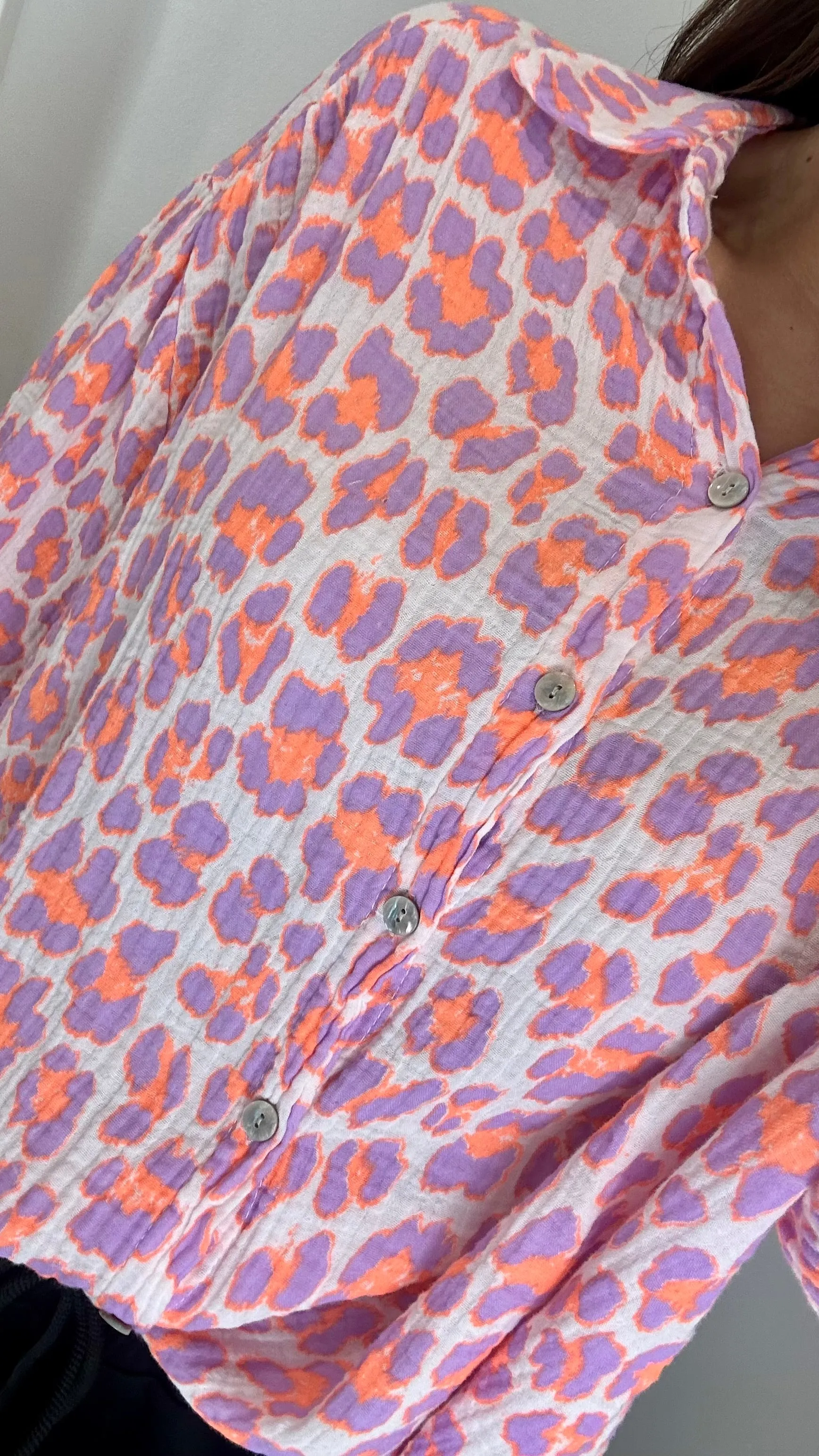 PURPLE AND ORANGE NEON LEOPARD CHESSECLOTH SHIRT