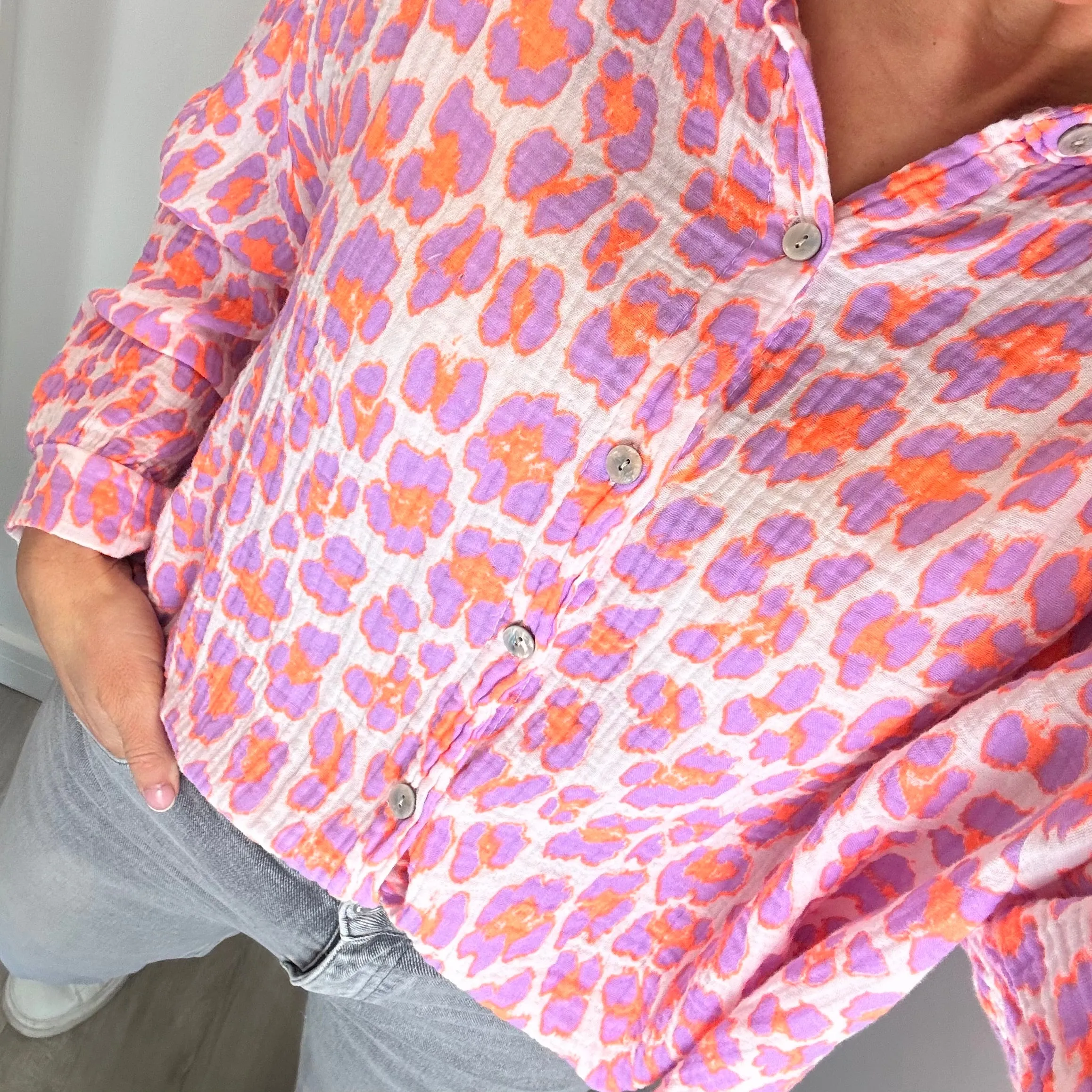 PURPLE AND ORANGE NEON LEOPARD CHESSECLOTH SHIRT