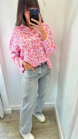 PURPLE AND ORANGE NEON LEOPARD CHESSECLOTH SHIRT