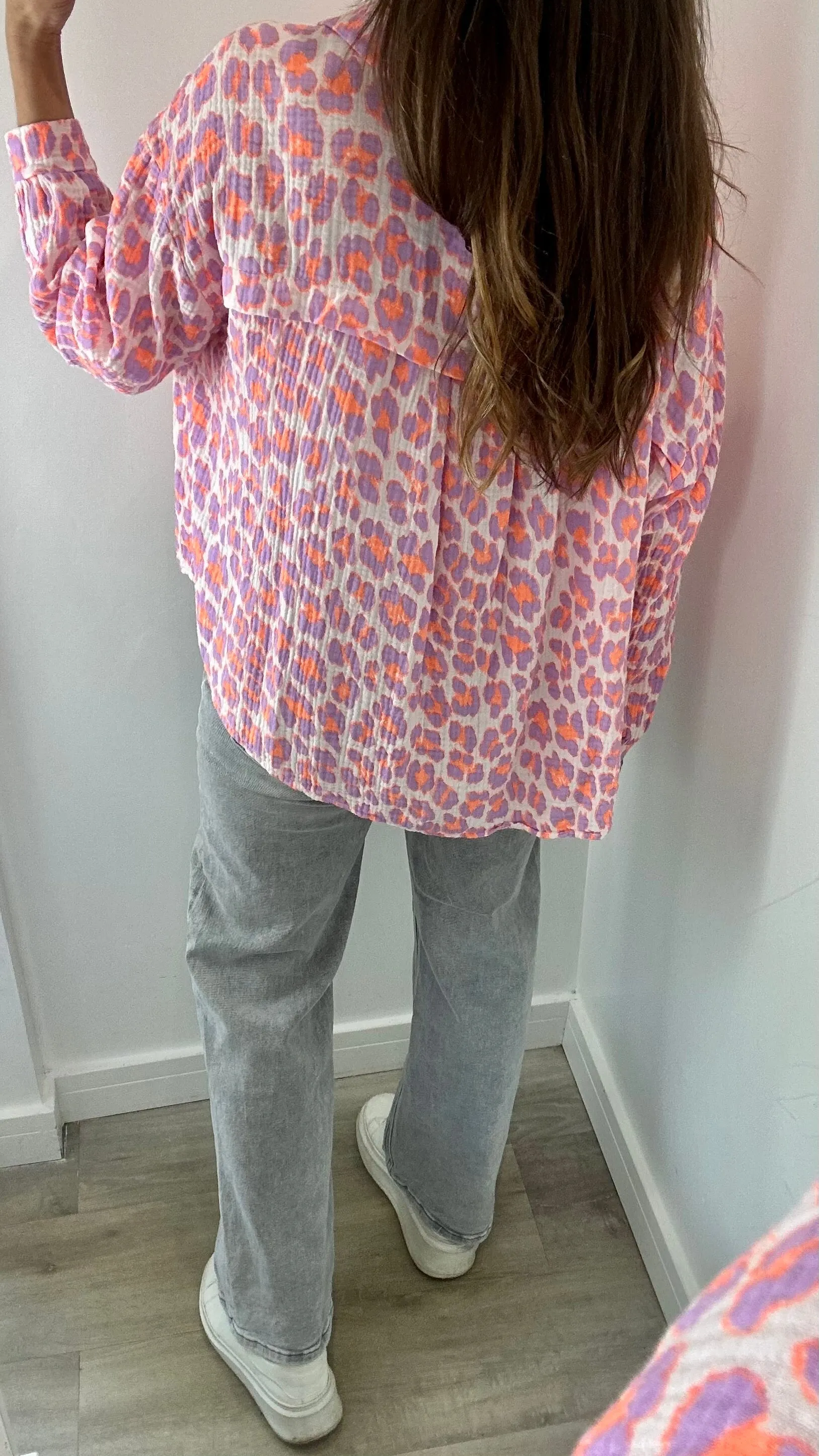 PURPLE AND ORANGE NEON LEOPARD CHESSECLOTH SHIRT