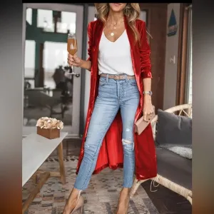 Red Velour Duster Jacket Long
