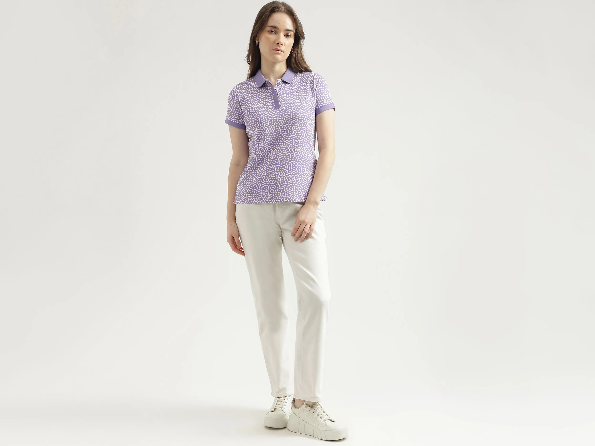 Regular Fit Polo Neck Printed Women's T-Shirt
