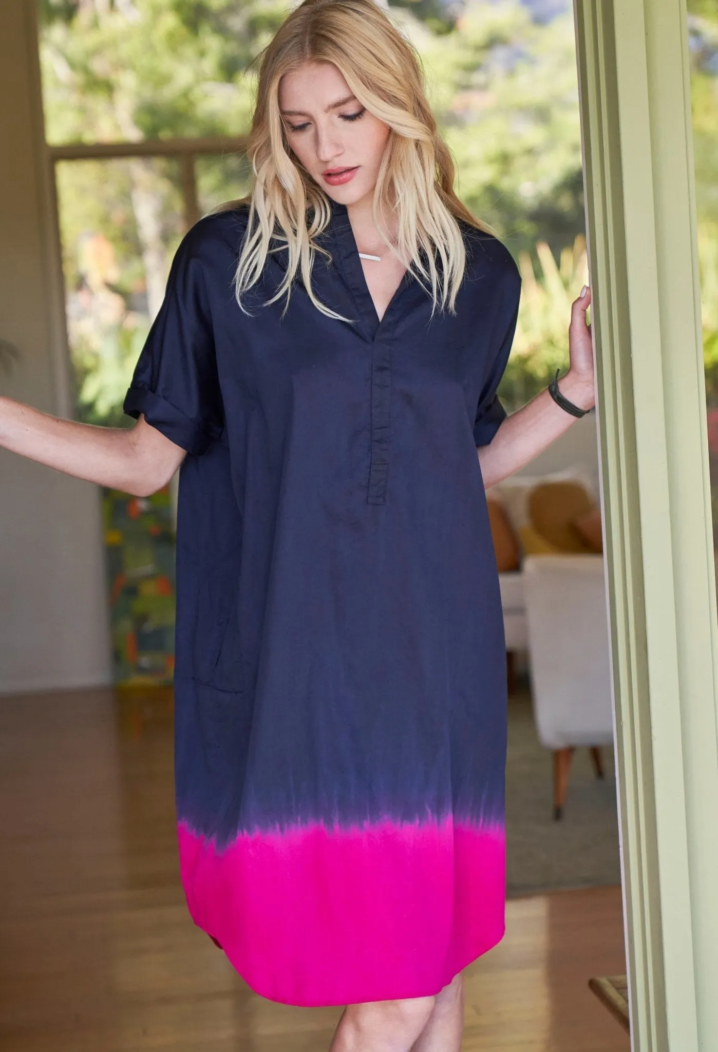 re:hOMe - Short Dip Dye Navy Fuchsia Cotton Easy Shirt Dress