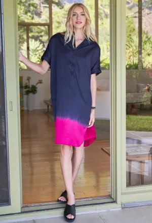 re:hOMe - Short Dip Dye Navy Fuchsia Cotton Easy Shirt Dress