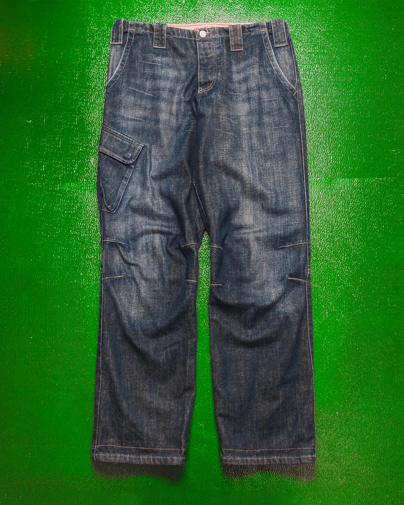 Relaxed Asymmetrical Dark Wash Blue Denim Cargo Pants (33)