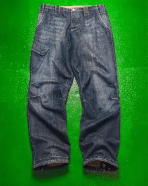 Relaxed Asymmetrical Dark Wash Blue Denim Cargo Pants (33)