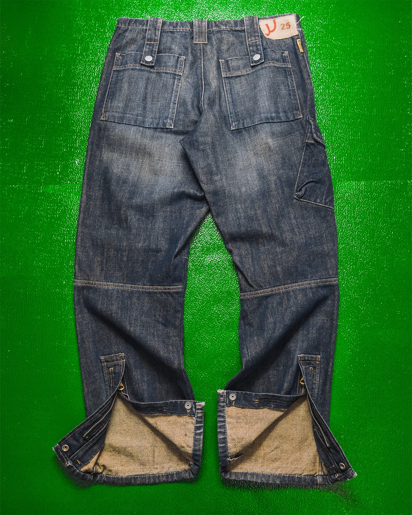 Relaxed Asymmetrical Dark Wash Blue Denim Cargo Pants (33)