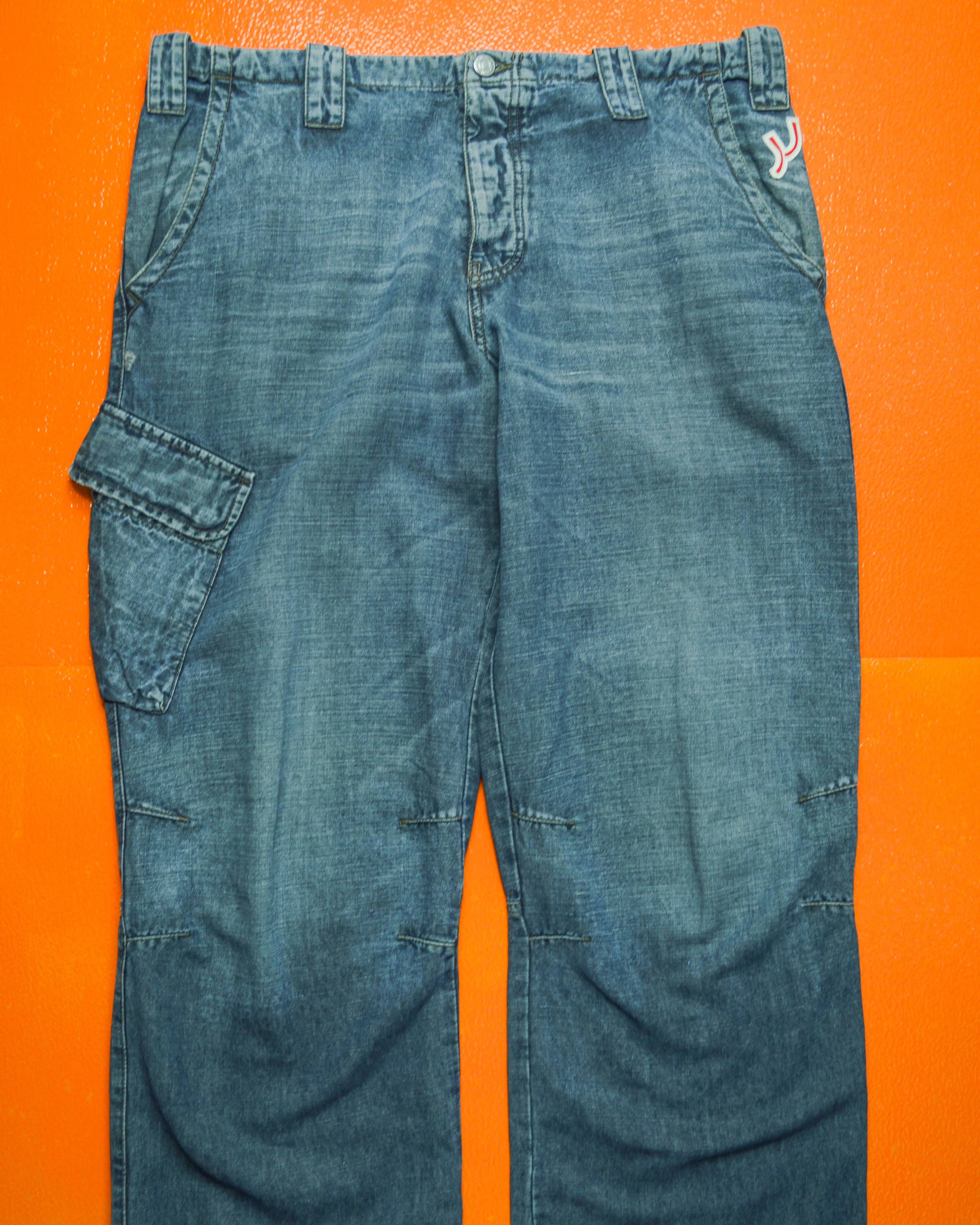 Relaxed Asymmetrical Medium Wash Blue Denim Cargo Pants (36~38)